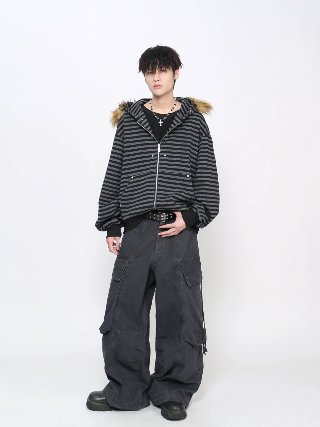 Stripe Detachable Fur Collar Zipper Hoodie WN21027