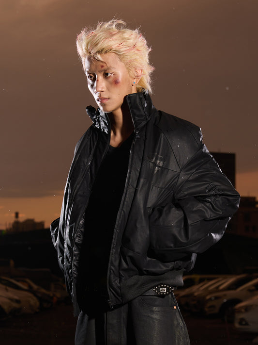 Waterproof Stand Neck PU Leather Puffer Jacket WN27130