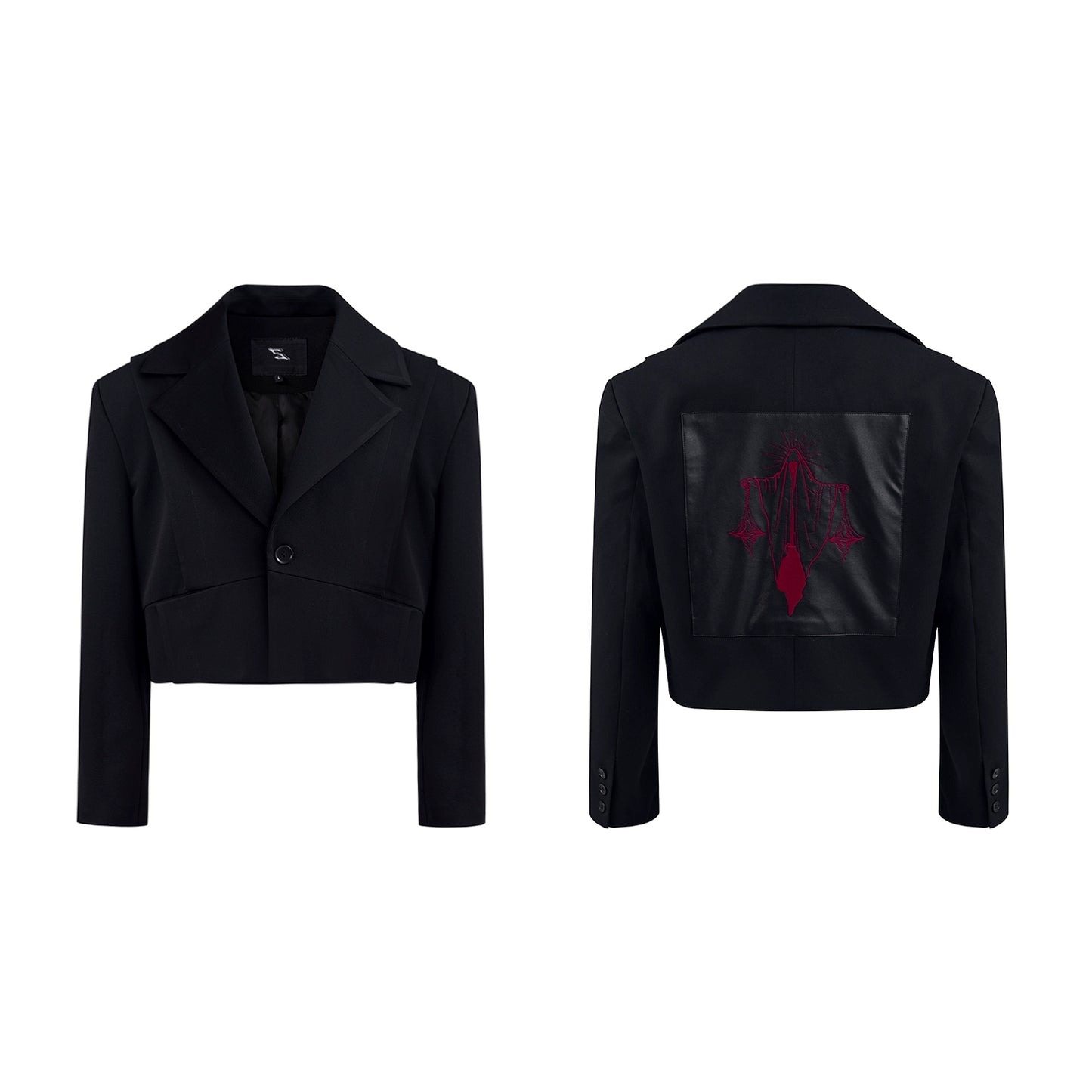 Mix PU Leather Embroidery Shoulder-Pad Tailored Jacket WN20384