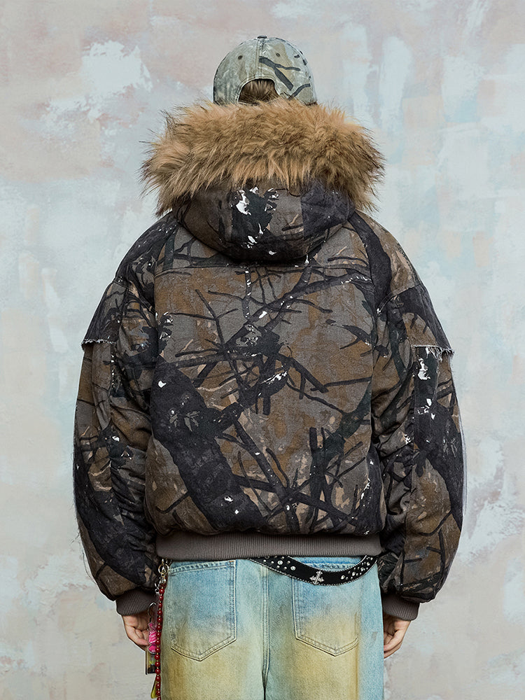 Camouflage Design Fake Fur Collar Bomber Puffer Jacket WN17830