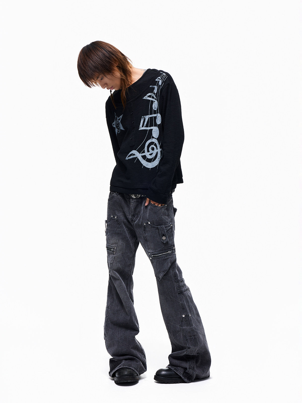 Henley Neck Fake Layered Music Note Print Long Sleeve T-Shirt WN27367