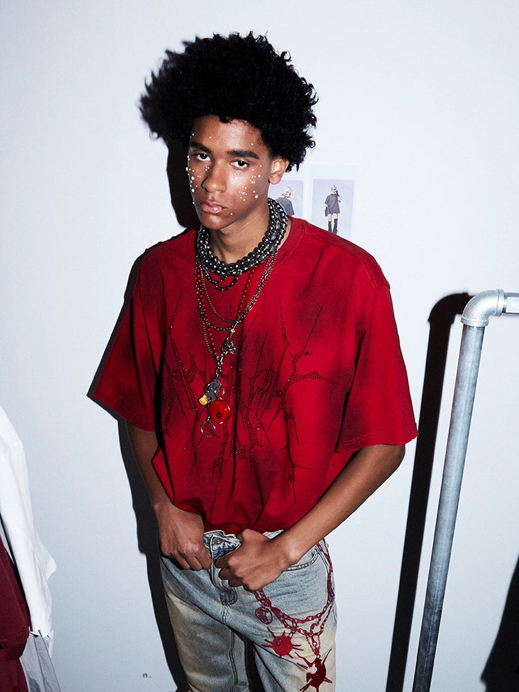 Irregular Rhinestone Logo Damage Wash Oversize Short Sleeve T-Shirt WN17985