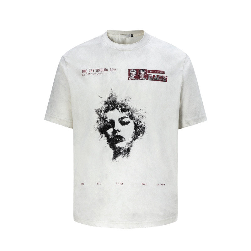 Portrait Print Wash Damage Short Sleeve T-Shirt WN24265