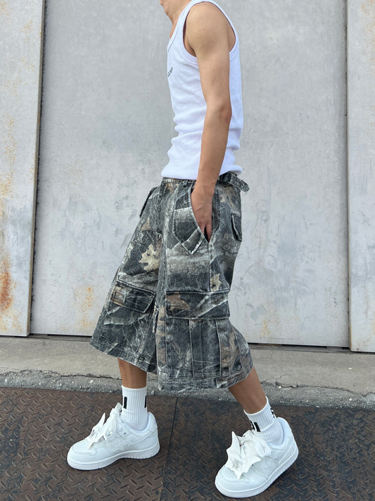 Camouflage Multi Pocket Wide Leg Half Cargo Pants WN24049