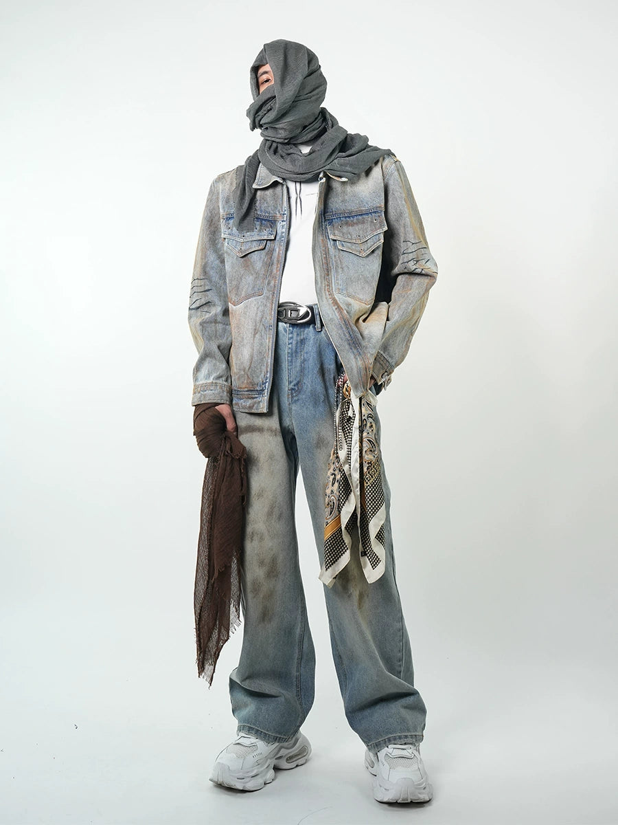 Stain Washed Design Wide Leg Denim Jeans WN17275