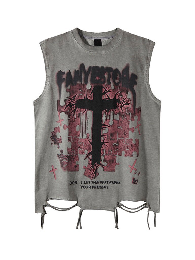 Cross Graphic Print Damage Drawstring Sleeveless T-Shirt WN24490
