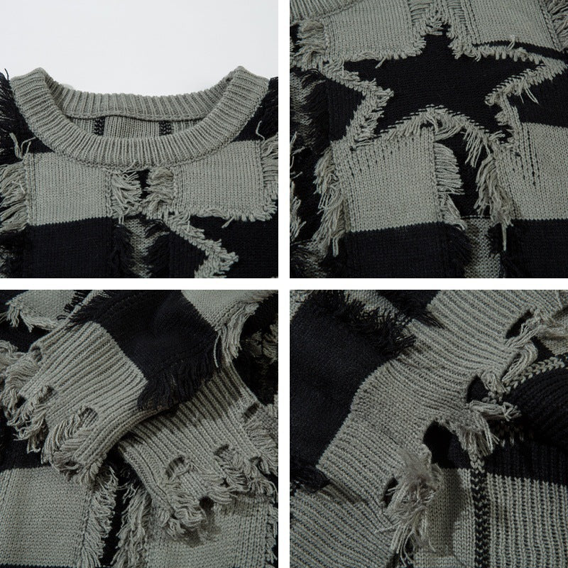 Damage Hem Colorblock Striped Knit Sweater WN11454