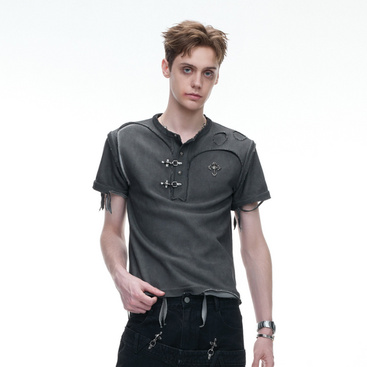 Henley-Neck Ribbed Damage Raw-Edge Short Sleeve T-Shirt WN27026
