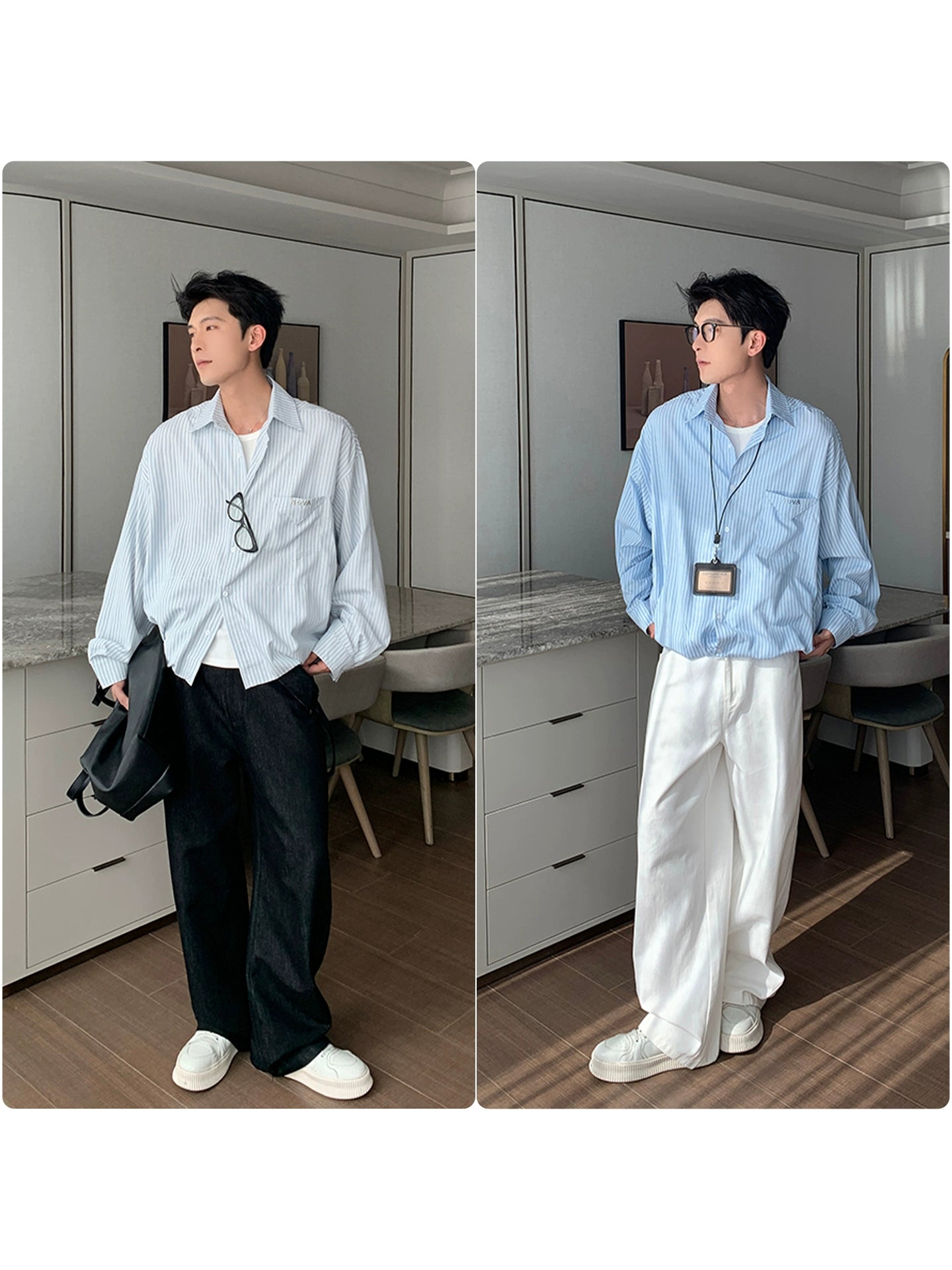 Vertical Stripe Waist-Fit Cotton Long Sleeve Shirt WN20474