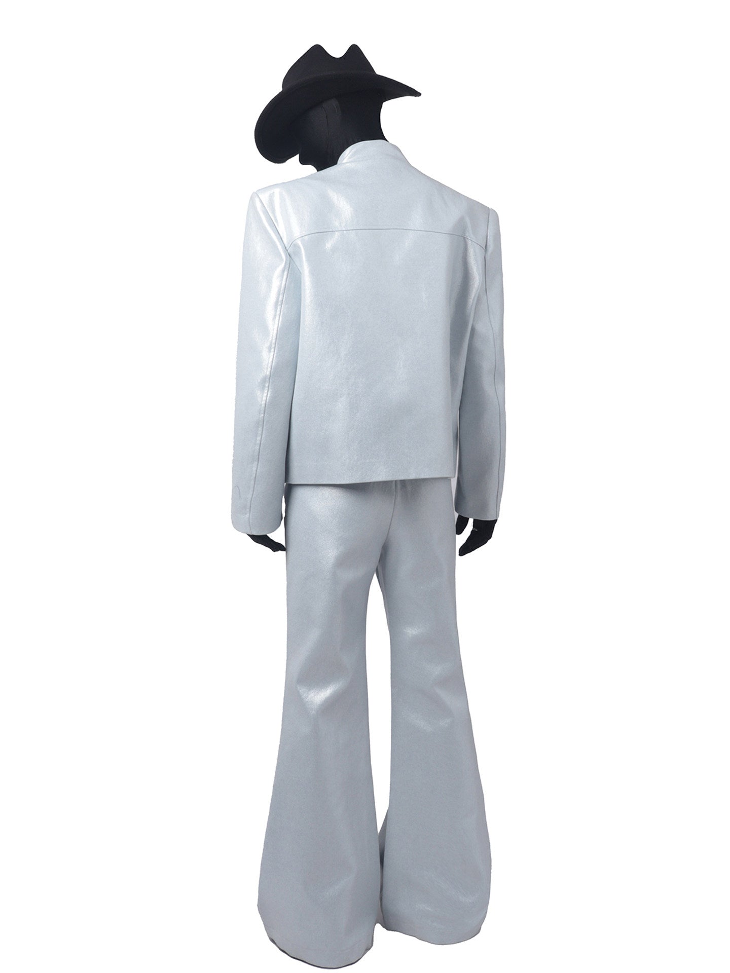 Glossy Standing-Collar Short Tailored Jacket & Wide Leg Flare Trousers Setup WN23749