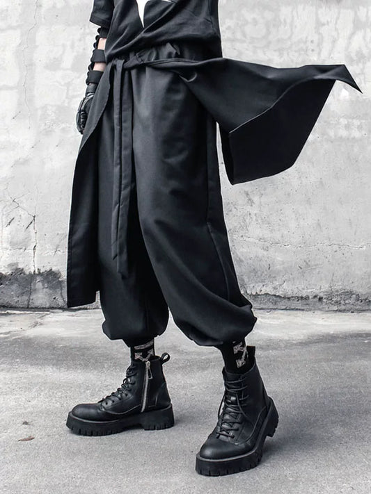 Fake Layered Ribbon Strap Cropped Wide Leg Pants WN22489