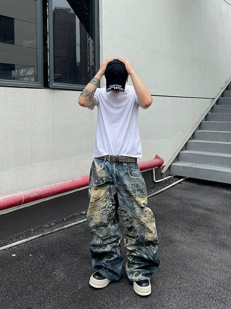 Graffiti Print Damage Denim Jeans WN18821