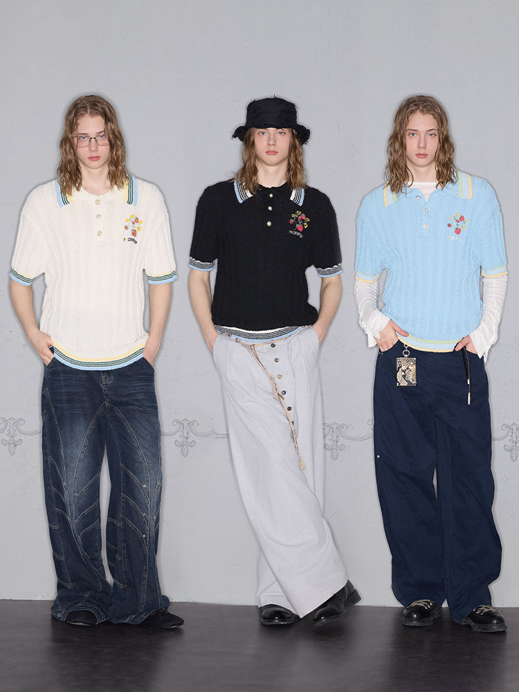 Stripe Glossy Button Embroidery Short Sleeve Polo Shirt WN17829