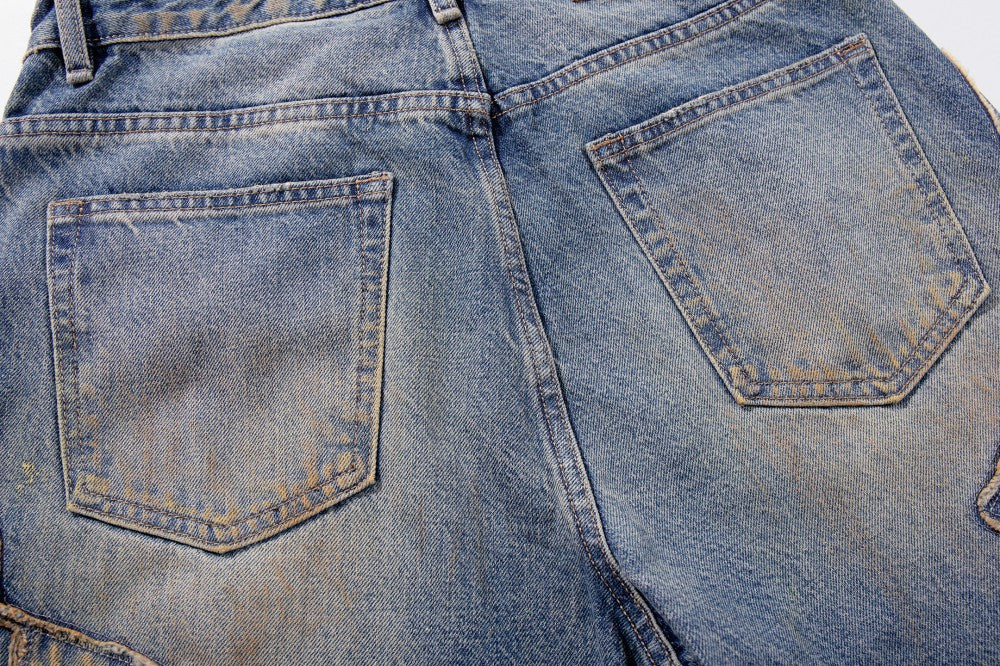 Frayed Applique Embroidery Washed Wide Leg Denim Jeans WN27833