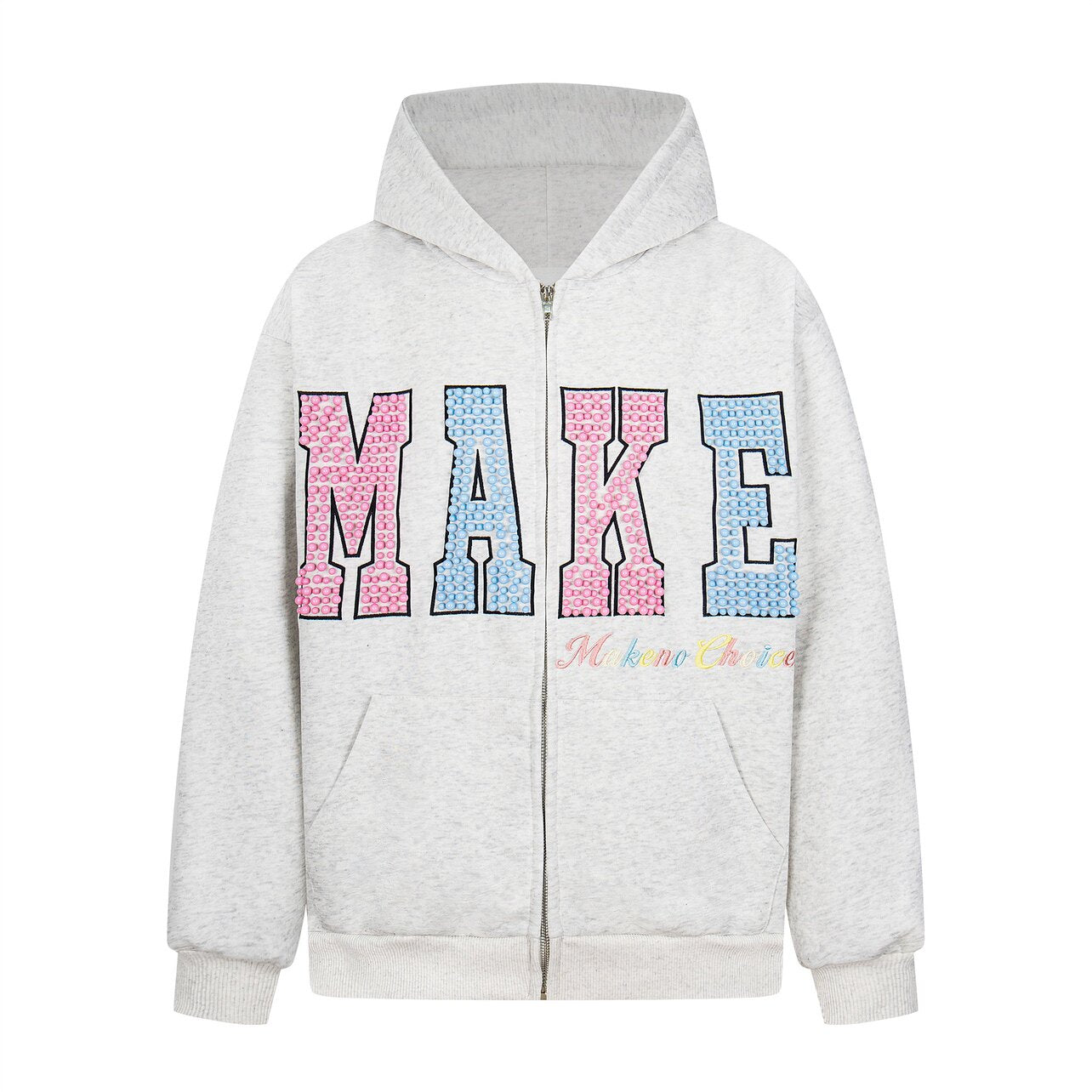 Letter Pearl Embroidery Zipper Hoodie WN24453