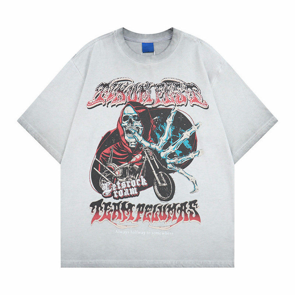 Skull Motorcycle Graphic Print Oversize Short Sleeve T-Shirt WN24496