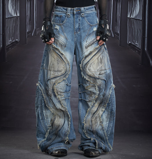Extra Long Zipper Wash Damage Fringe Barrel Denim Jeans WN22863
