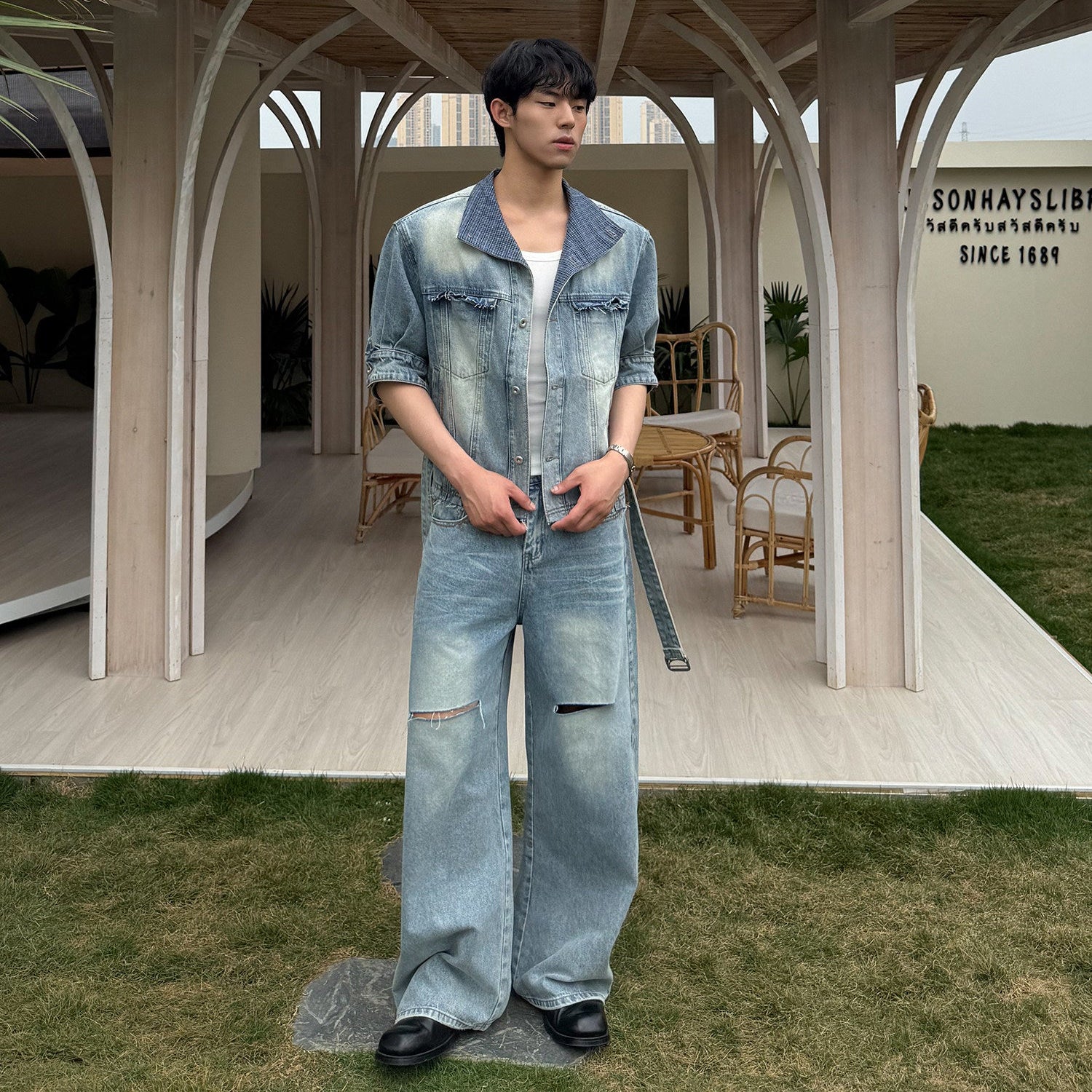 Washed Denim Short Sleeve Shirt & Damage Wide Leg Denim Jeans 