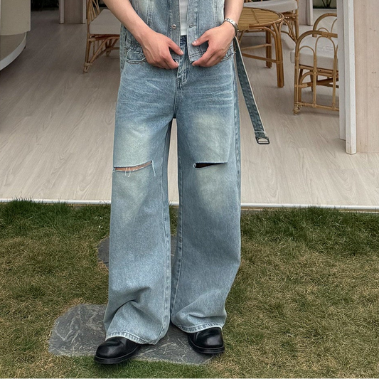 Washed Denim Short Sleeve Shirt & Damage Wide Leg Denim Jeans Setup WN24877