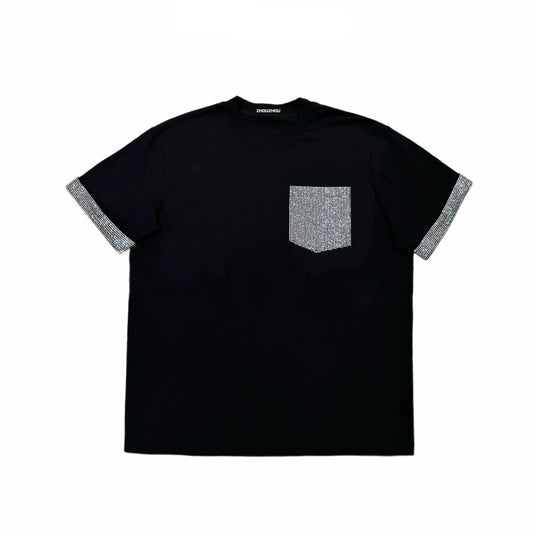 Color Black Rhinestone Pocket Short Sleeve T-Shirt WN20700