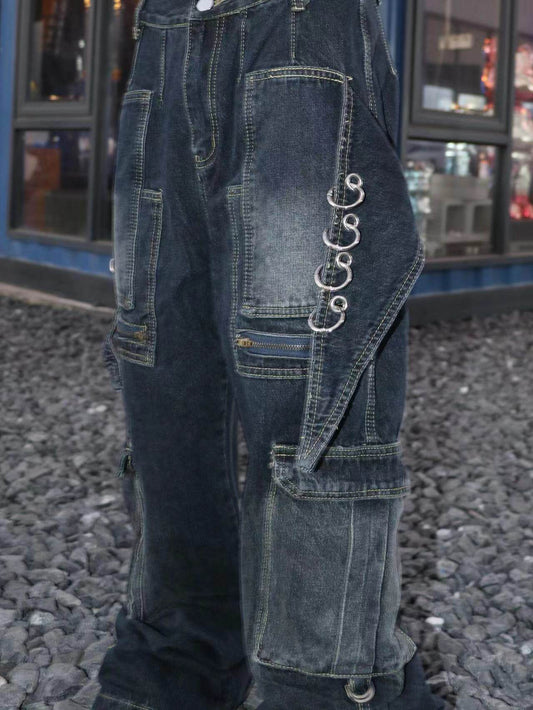 Deconstructed Pocket Washed Damage Wide Leg Cargo Denim Jeans WN24102