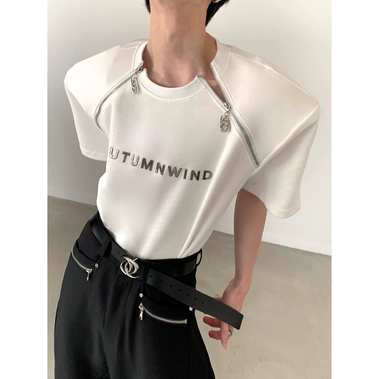 Zipper Design Shoulder Pad Short Sleeve T-Shirt WN5999