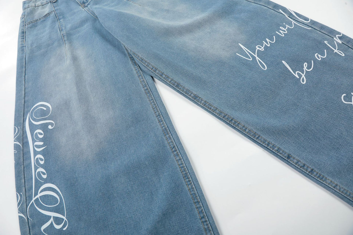 Washed Letter Print Wide Leg Denim Jeans WN25563