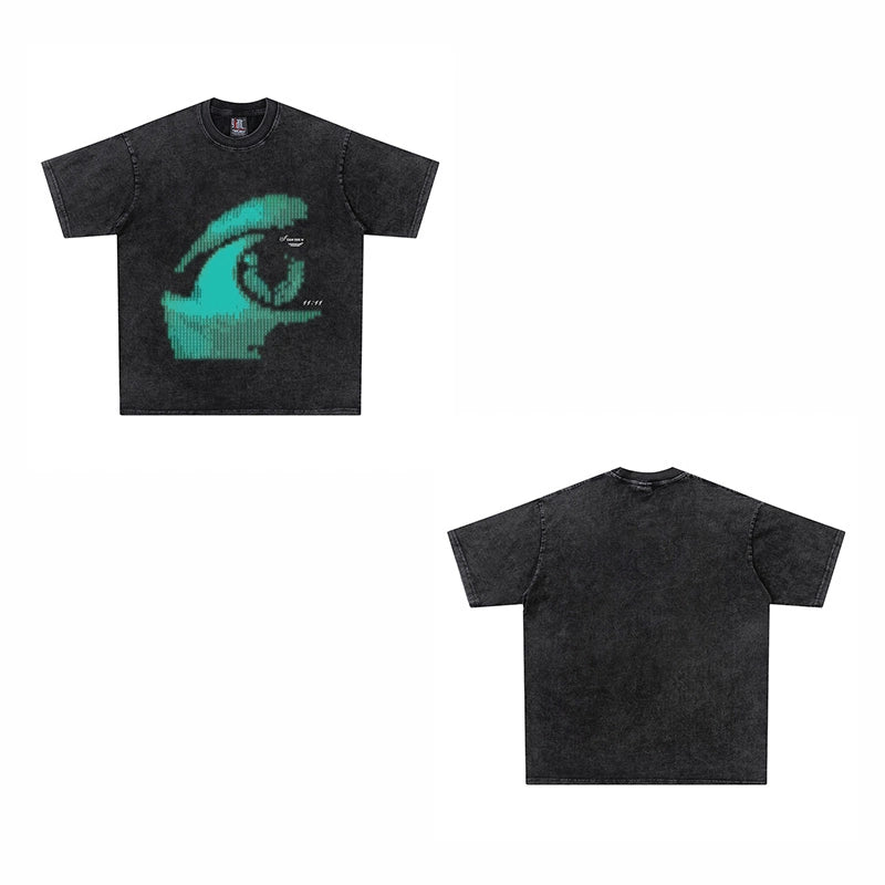 Wash Blue Eye Print Oversize Short Sleeve T-Shirt WN16603