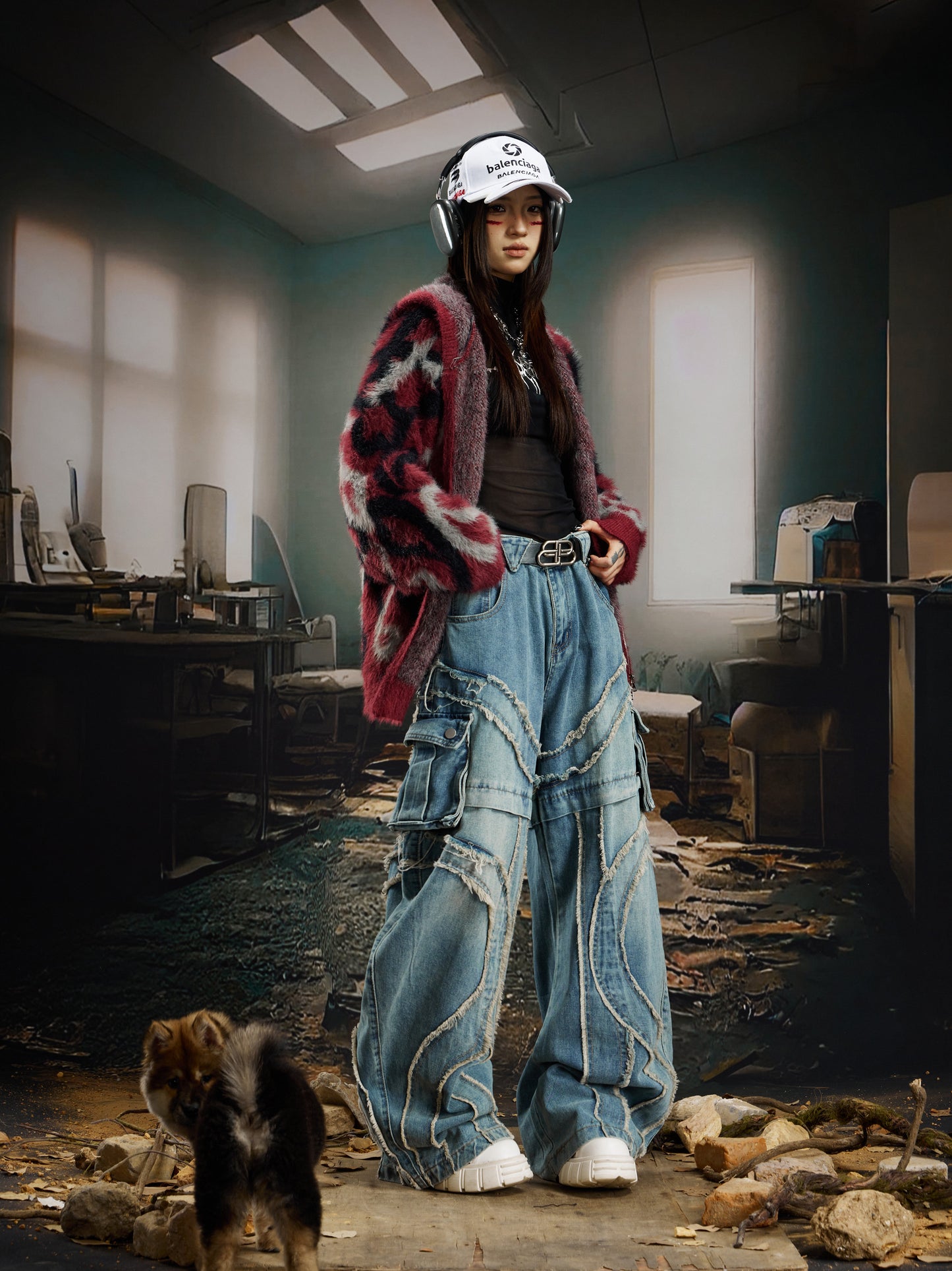 Deconstructed Patchwork Washed Fringe Utility Pocket Wide Leg Straight Denim Jeans WN22752