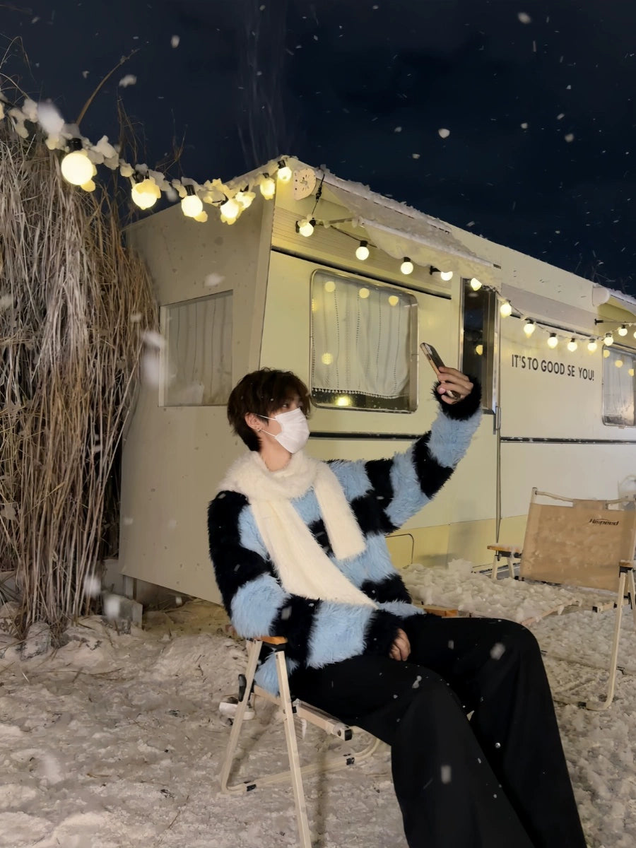 Stripe Fake Fur Pullover Knit Sweater WN19922