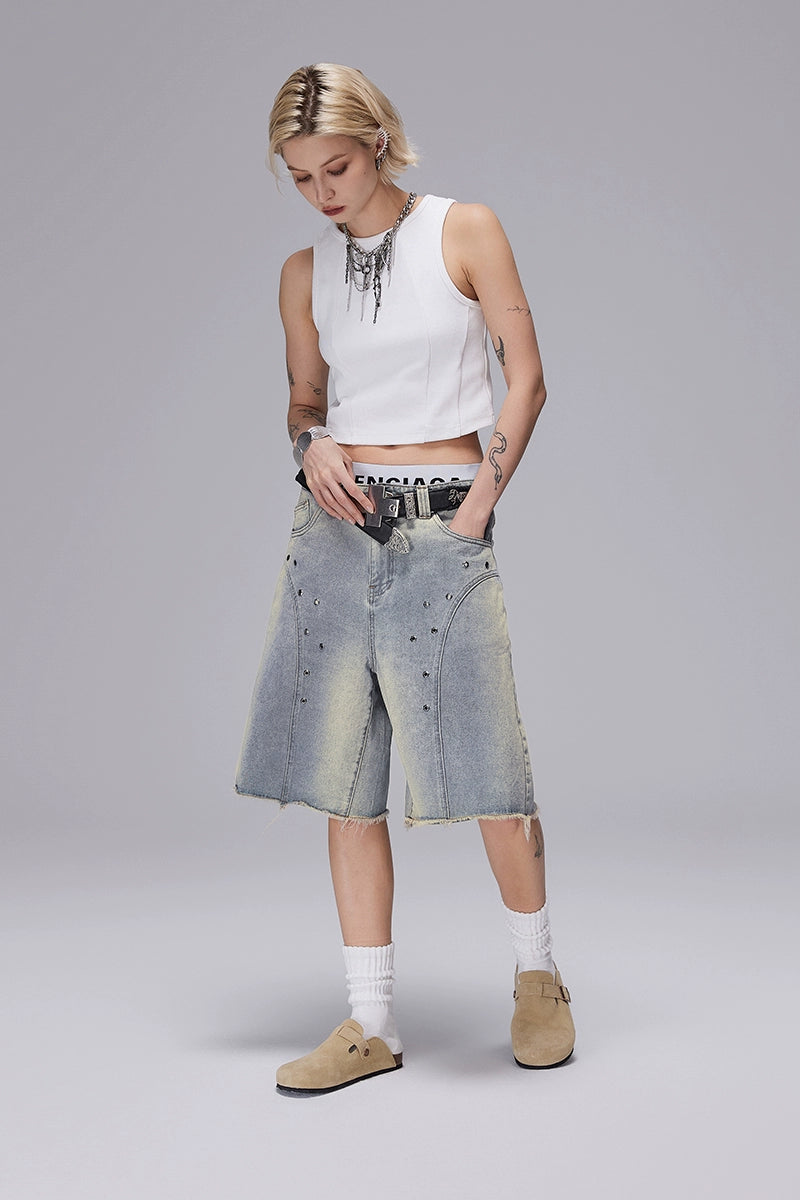 Panel Perforated Wash Straight Denim Half Pants WN17967