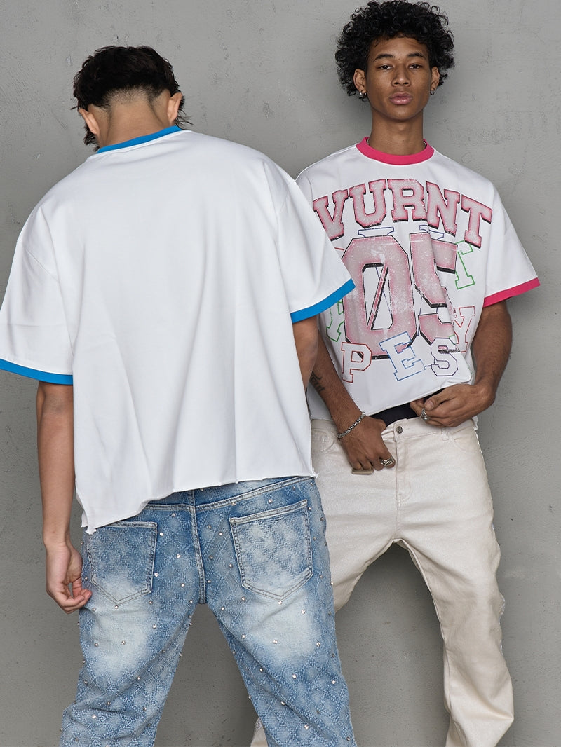 Contrast Collar Art Print Short Sleeve T-Shirt WN20997