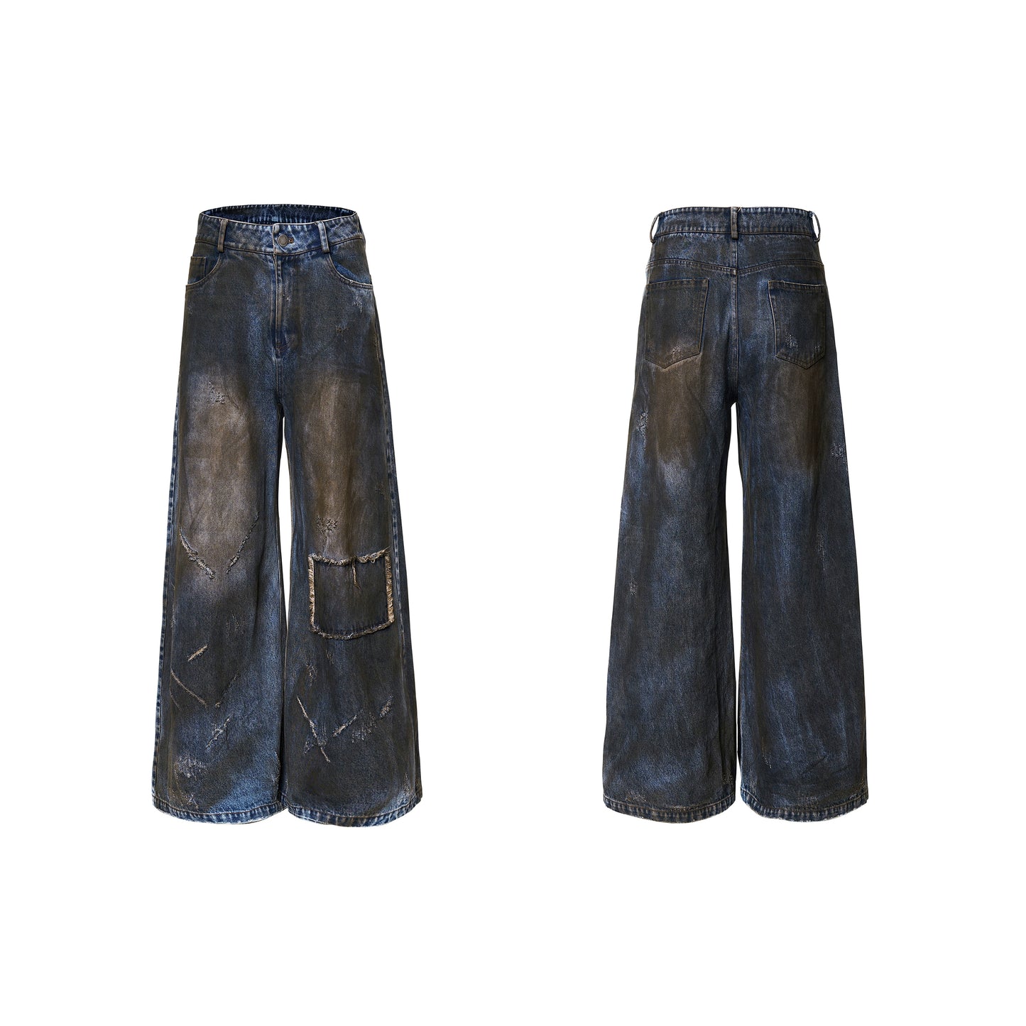 Dyed Damage Wide Leg Denim Jeans WN21843