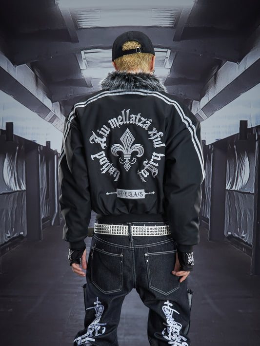 Lapel Fake Fur Striped Embroidery Cropped Zipper PU Leather Jacket WN22837