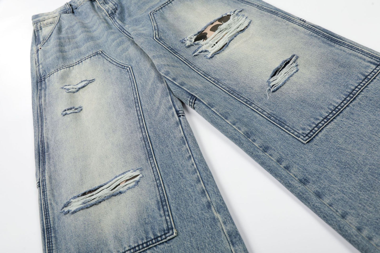 Washed Deconstruction Damage Wide Leg Denim Jeans WN25978