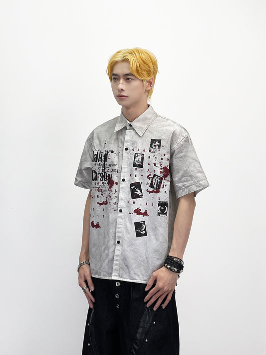 Graffiti Print Splatter Washed Short Sleeve Shirt WN24267