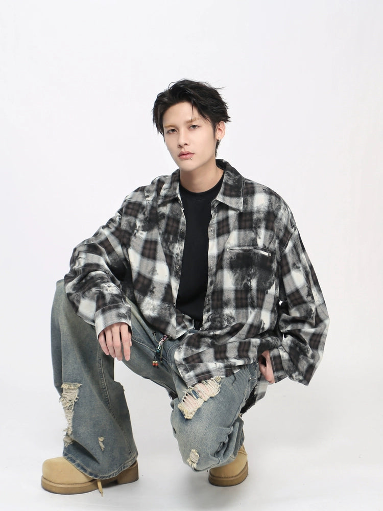 Tie-Dye Plaid Whisker Hem Long Sleeve Shirt WN21018