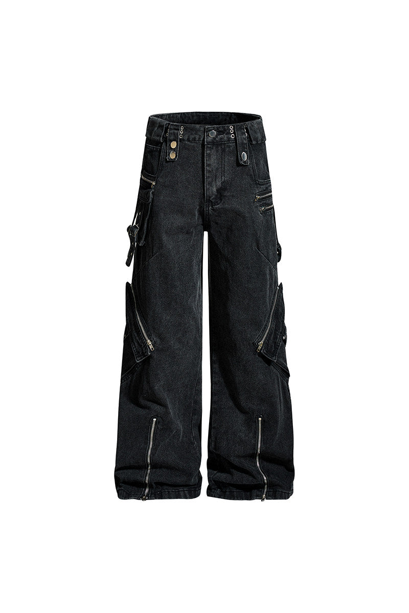 Zipper Strap Rivet Wide Leg Cargo Denim Jeans WN24169