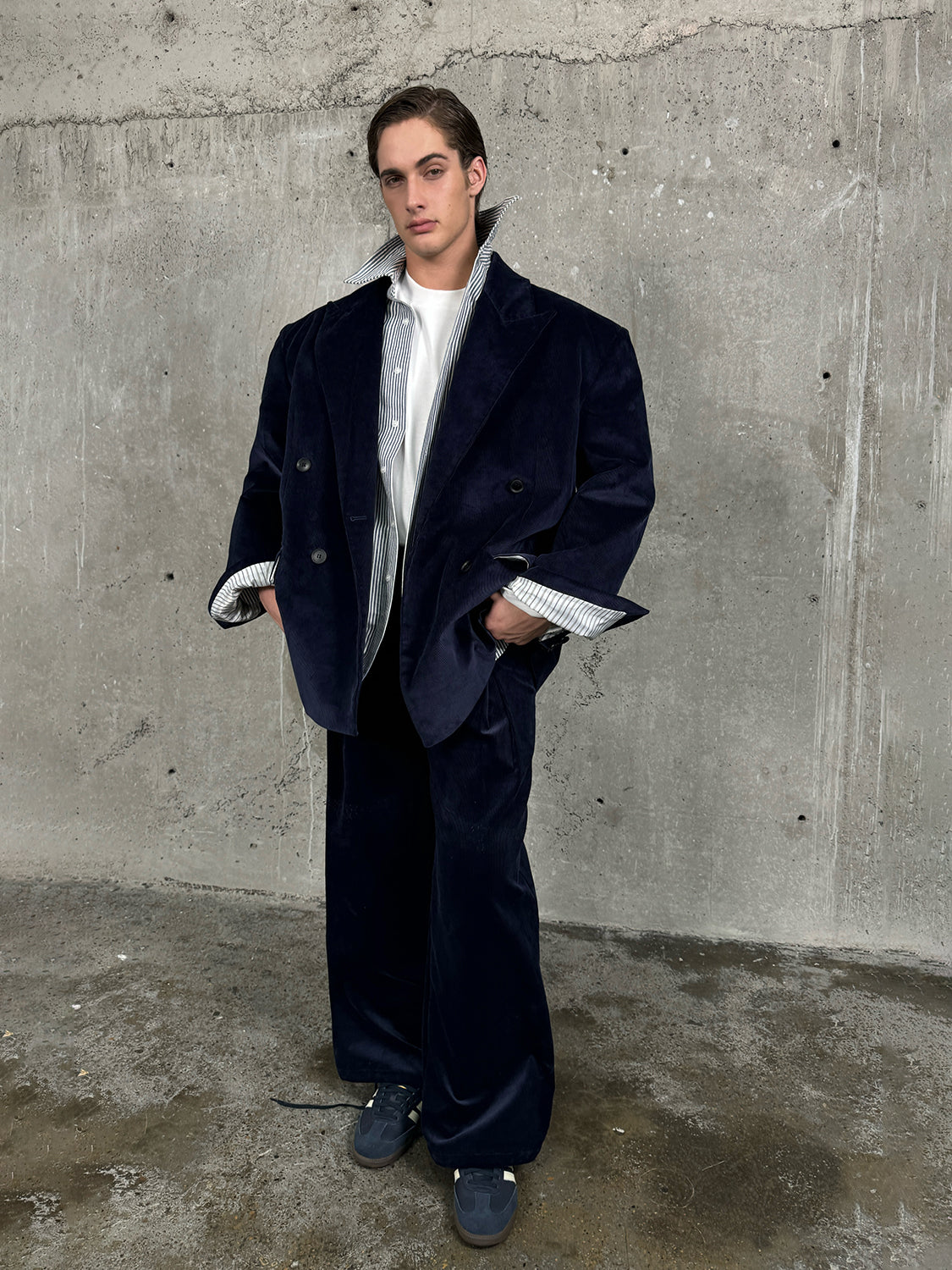 Corduroy Shoulder-pad Tailored Jacket & Wide-Leg Trousers Setup WN15186