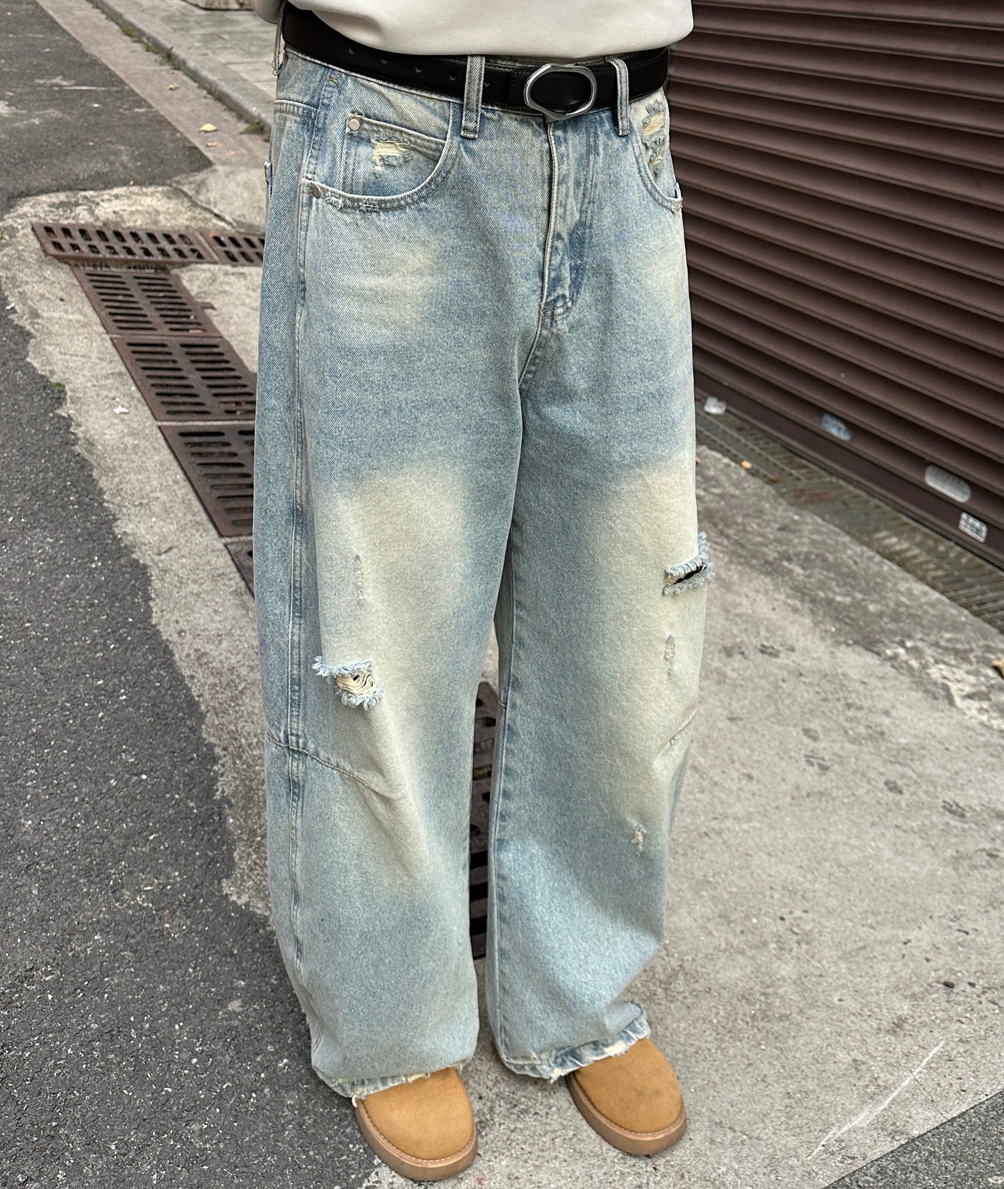 Wash Damage Wide Leg Long Denim Jeans WN25261