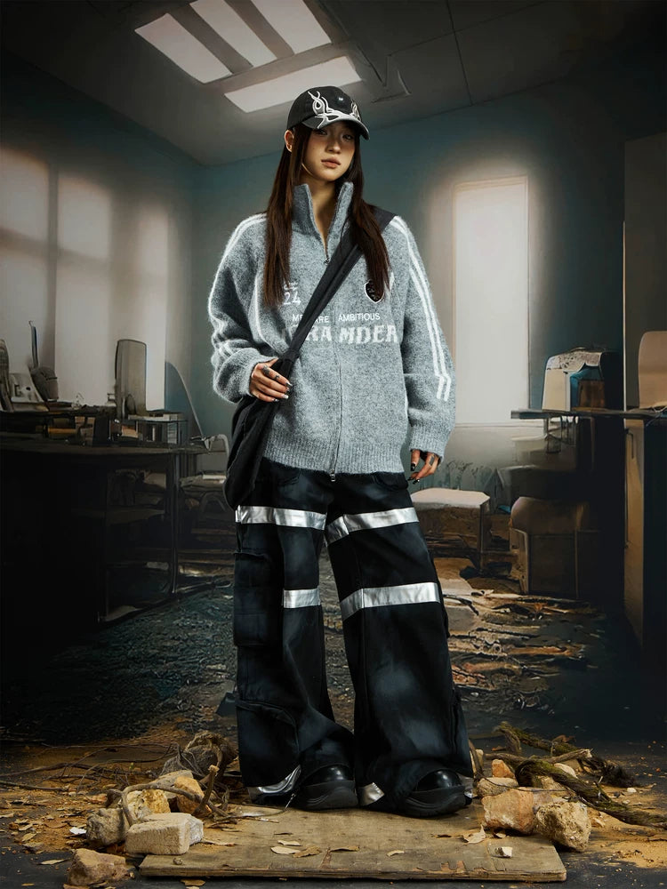 Embroidery Jersey Style Stand Neck Oversize Zipper Knit Cardigan WN22748