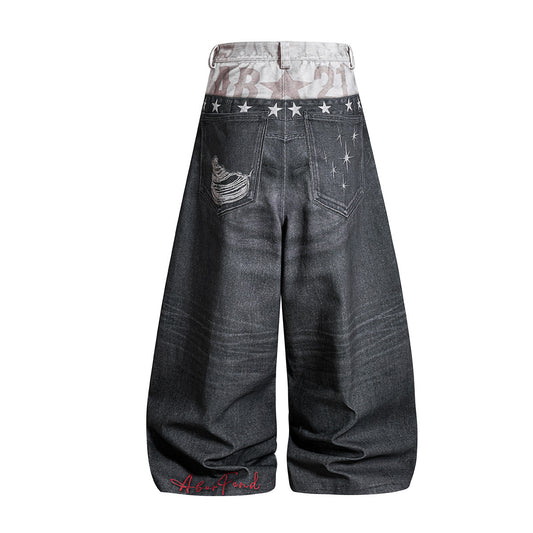 Star Damage Washed Wide Leg Denim Jeans WN25519