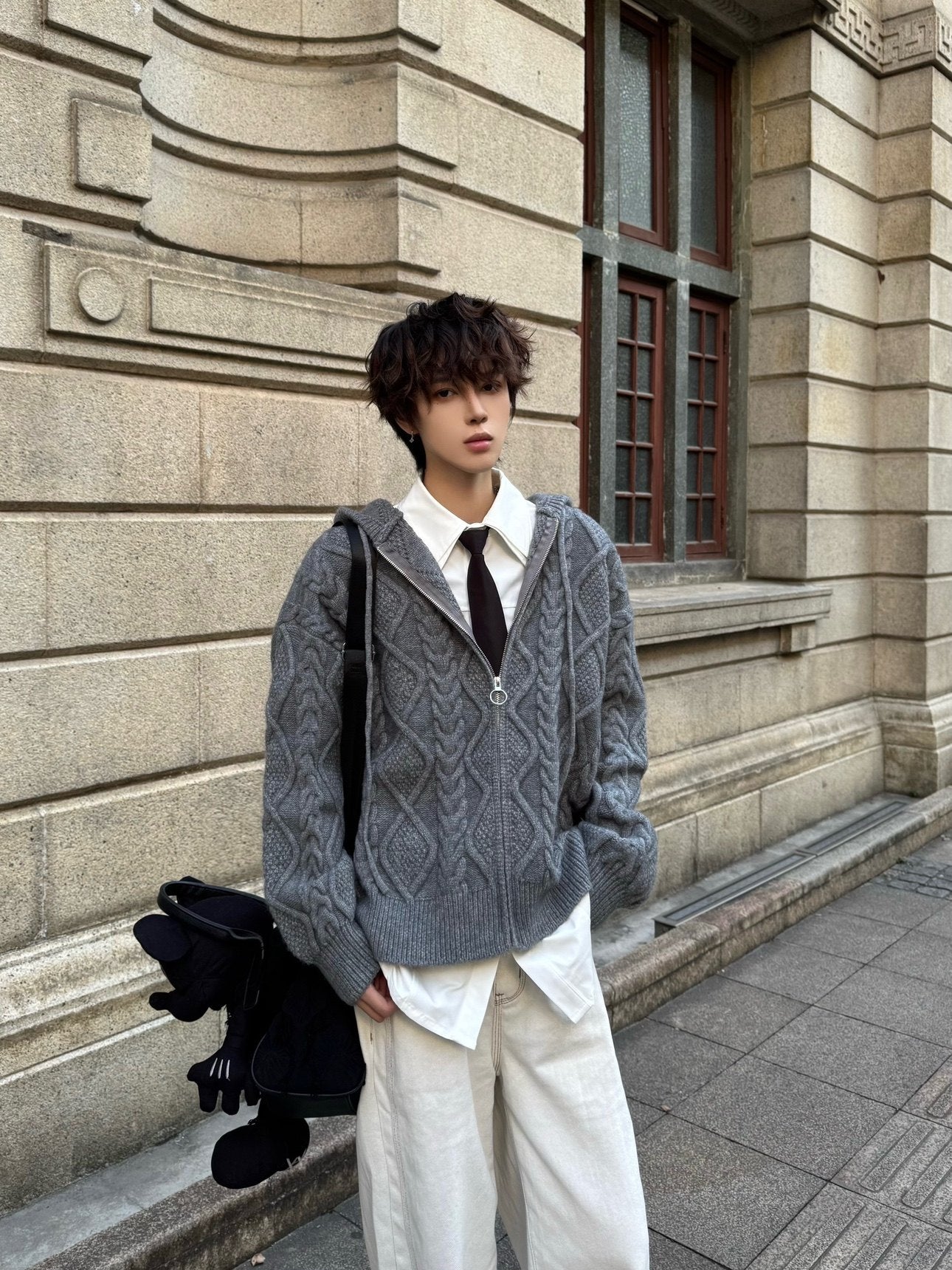 Hooded Cable Knit Oversize Zipper Knit Cardigan WN23152