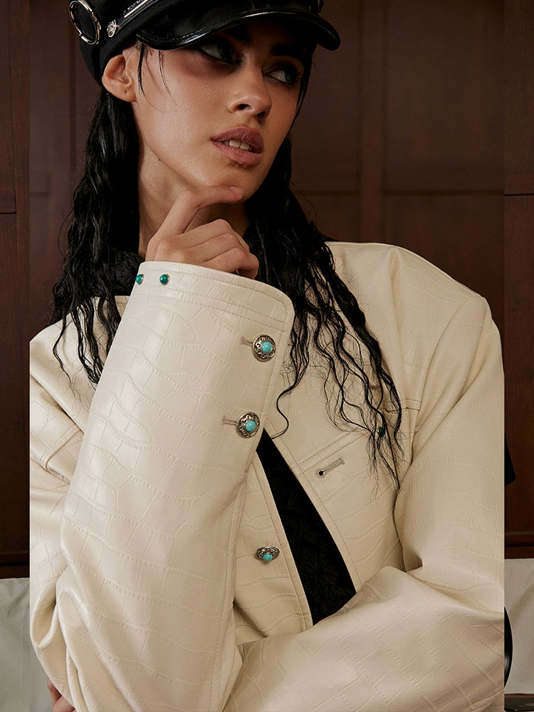 3D Cutting Fake Crocodile Leather Pattern PU Leather Collarless Jacket WN17855