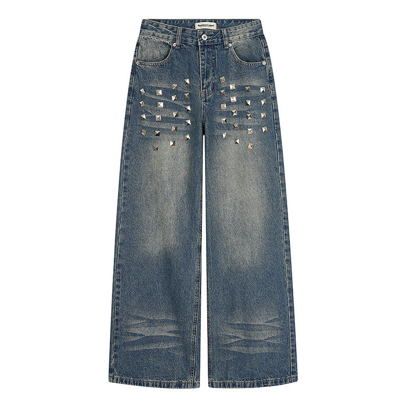 Square Stud Whisker Wash Wide Leg Denim Jeans WN24234