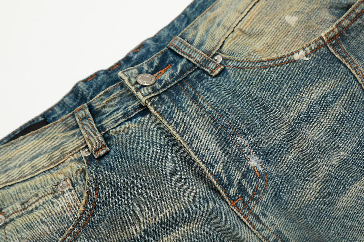 Dirty Washed Curved Wide Leg Denim Jeans WN25914