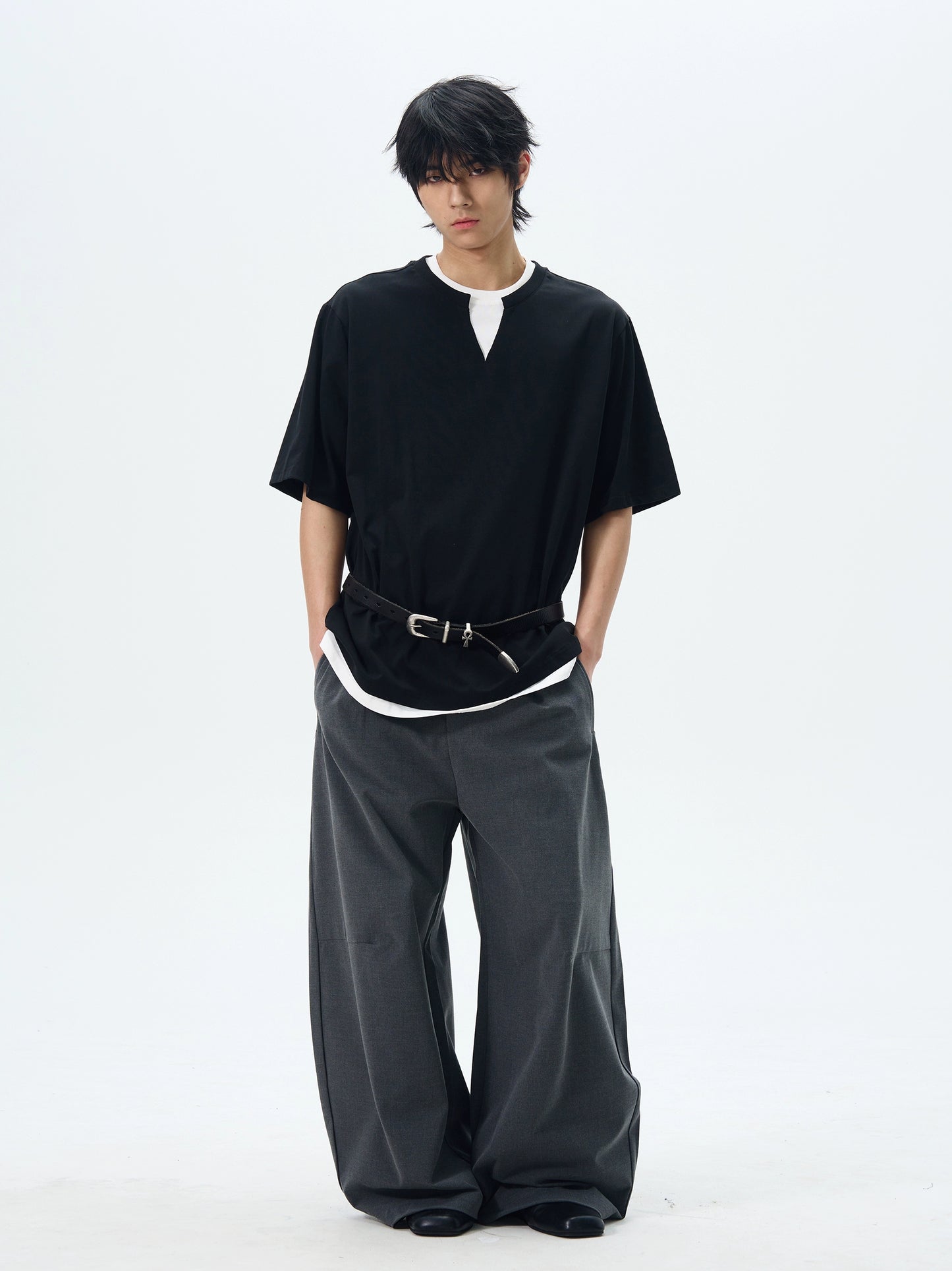 Curved Blade Draped Wide Leg Trousers WN16373