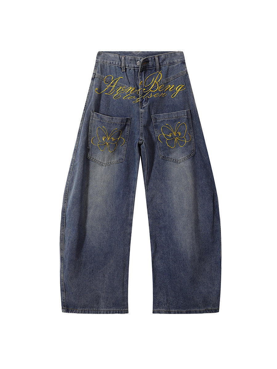 Washed Curved Embroidery Wide Leg Denim Jeans WN24206