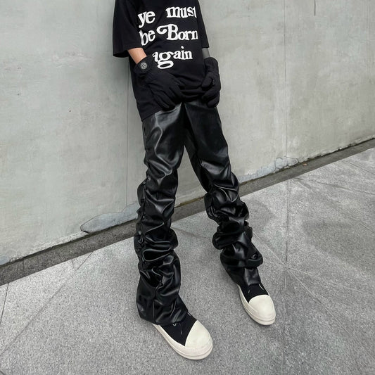 Wrinkle Stacked Glossy PU Leather Wide Leg Pants WN18123