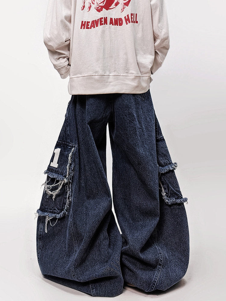 Number Patch Damage Wide Leg Cargo Denim Jeans WN24012